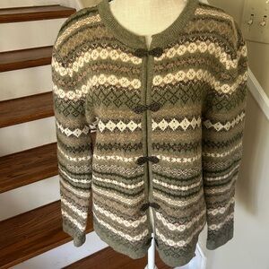 Vintage Cambridge Dry Goods Green Beige Cardigan L Metal Clasps Wool Grandmacore